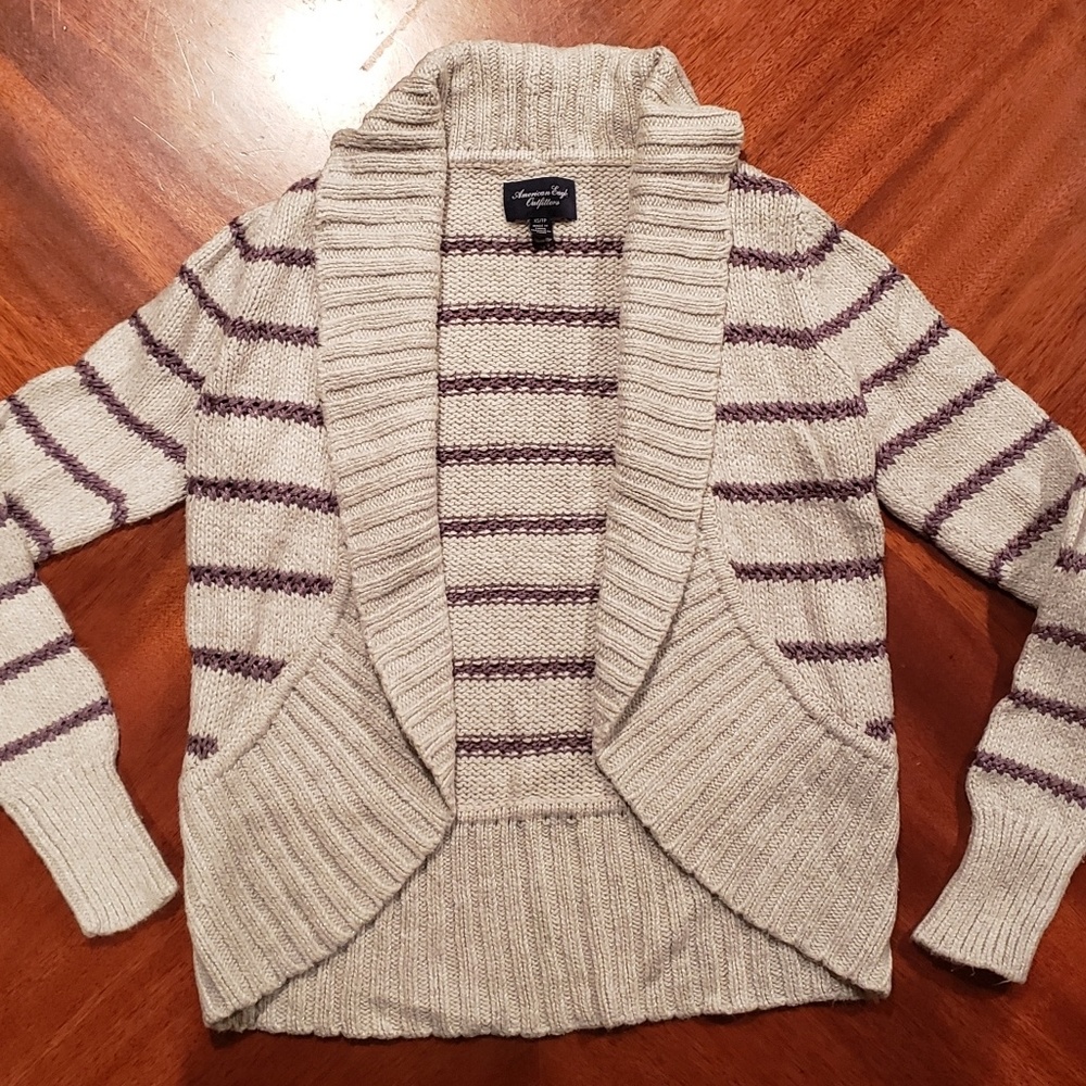 American Eagle Open Knit Cardigan Sweater Cream With Mauve Stripes Women's XS